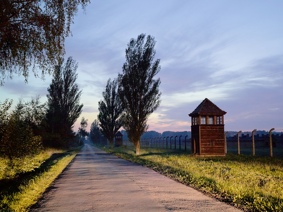 Фотография Егора Заики.  Вид на территорию концентрационного лагеря Аушвиц-Биркенау с объездной дороги.  Бжезинка, Польша 2014