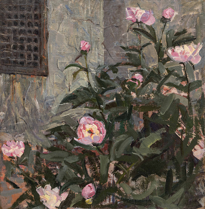 Пионы у Дома Мельникова. 1930-е (?). Холст, масло. Архив Дома Мельникова