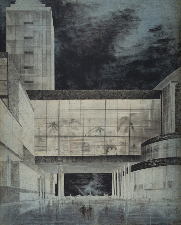 А.А. Веснин, В.А. Веснин, Л.А. Веснин. Конкурсный проект Дворца Советов в Москве. Третий этап (первый закрытый конкурс). Перспективный вид части здания с зимним садом. 1932. Из собрания Музея архитектуры им. А.В. Щусева