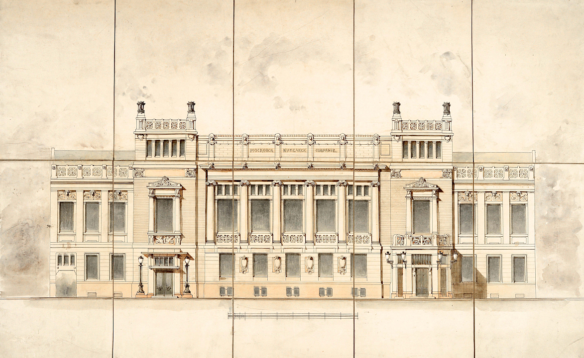 Проект фасада здания Московского Купеческого собрания на Малой Дмитровке. 1907 г. Из собрания Музея архитектуры им. А.В. Щусева