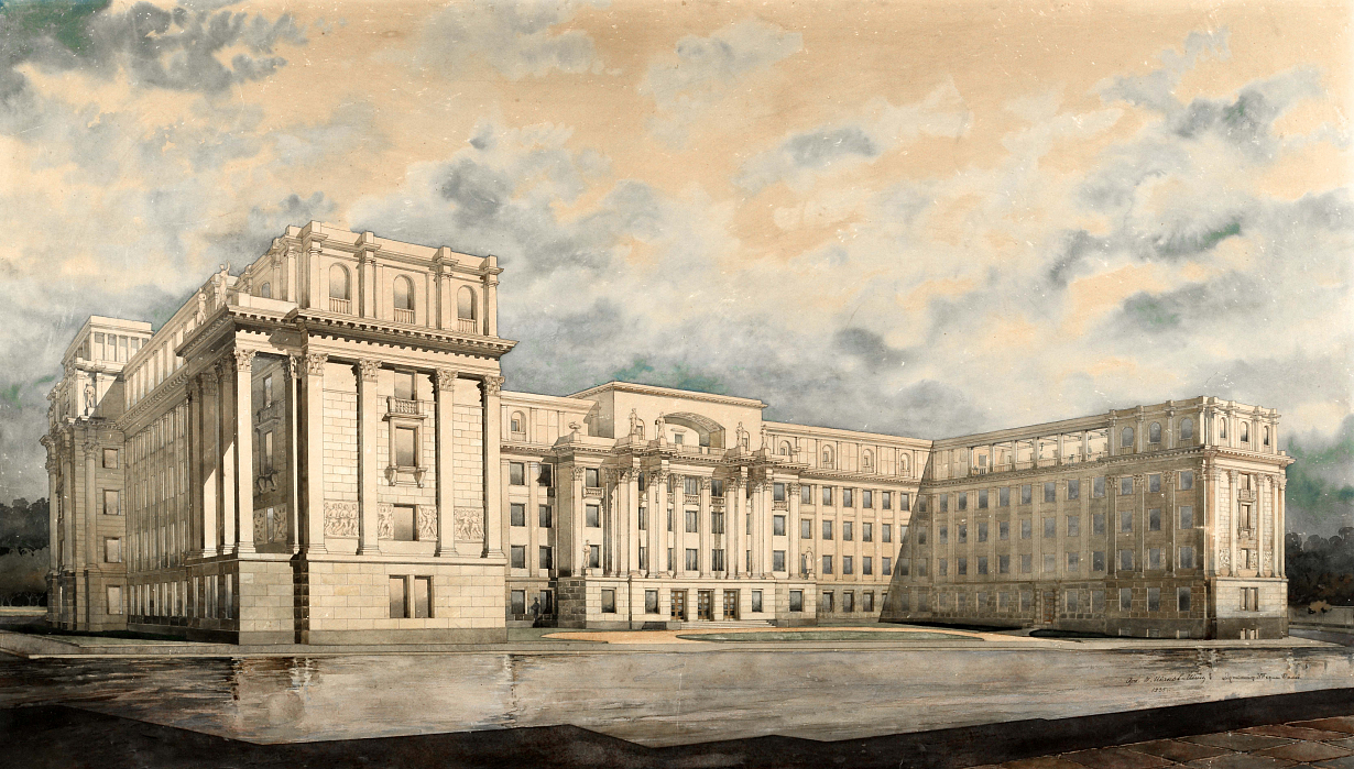 Поликлиника № 2 Лечсанупра Кремля в переулке Сивцев-Вражек. Неосуществленный вариант. 1935 г. Из собрания Музея архитектуры им. А.В. Щусева