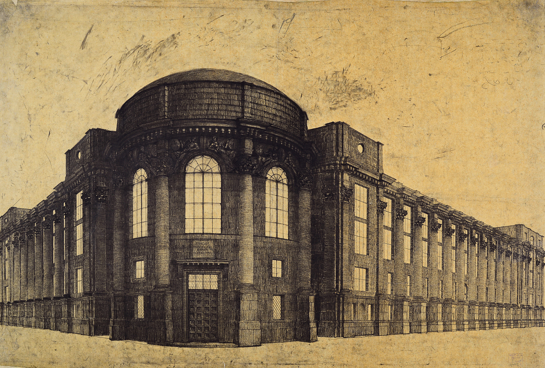 Л. А. Веснин, В. А. Веснин, А. А. Веснин  Конкурсный проект фасада здания Училища живописи, ваяния и зодчества на Мясницкой улице в Москве. Девиз «Школа искусств» (1-я премия). Перспектива. 1910 г.