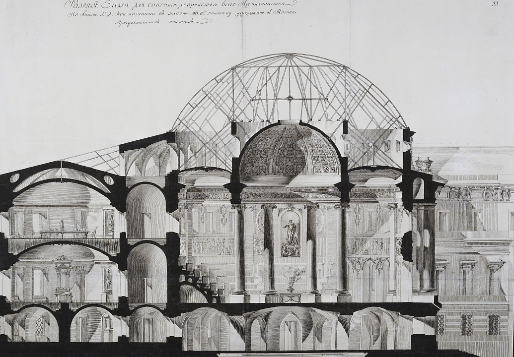 М. Казаков. Сенатский дворец в Москве. Разрез Большого (Екатерининского) зала. Первоначальный вариант, 1776
