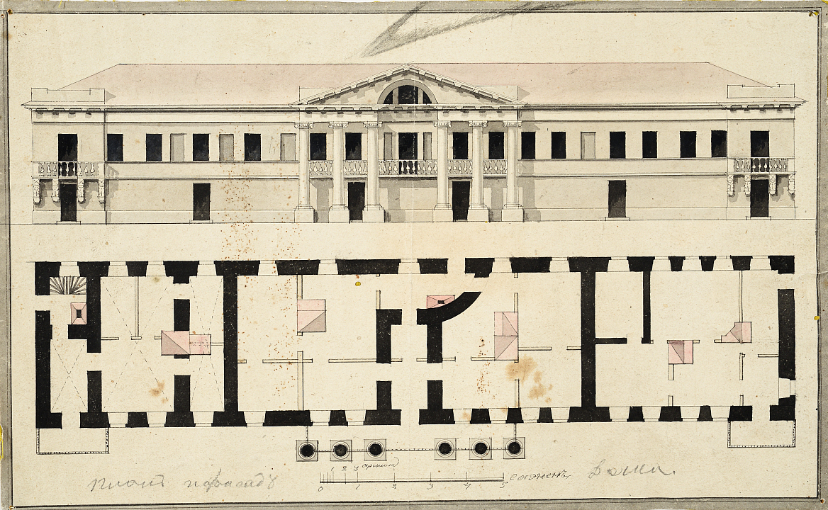 Неизвестный архитектор. Проект жилого дома с шестиколонным портиком и балконами, Калязин, Тверская область. Фасад и план. Вторая половина XIX в. Из собрания Музея архитектуры им. А.В. Щусева.